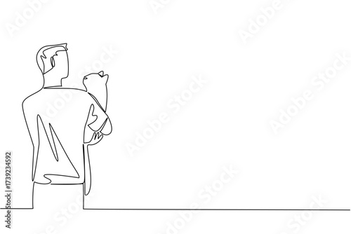 Continuous one line drawing rear view, a man in casual clothes hugging cat. Cat friendship with humans. Adorable behavior. International Hug Your Cat Day. Single line draw design vector illustration
