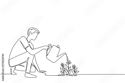Continuous one line drawing a man squats and waters flowering plants with a watering can. New hobby for the weekend. Gardening. National Water a Flower Day. Single line draw design vector illustration