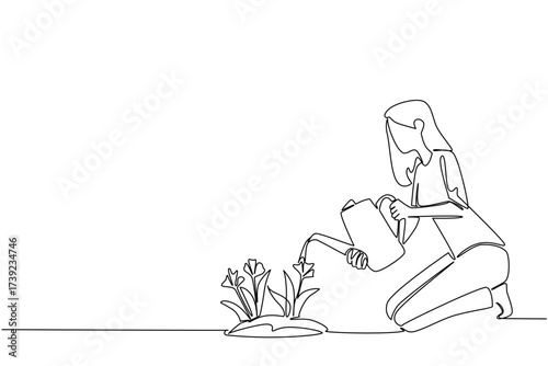 Single one line drawing a woman squats and waters flowering plants with a watering can. Caring with all the heart. New hobby. National Water a Flower Day. Continuous line design graphic illustration