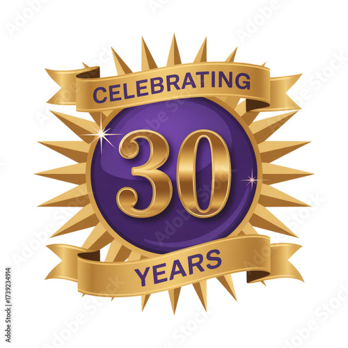 Golden badge celebrating 30 years with a purple center and sunburst rays, isolated on transparent background