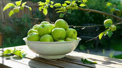 green apples in a white bowl on a wooden table nature background. Selective focus