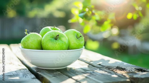 green apples in a white bowl on a wooden table nature background. Selective focus
