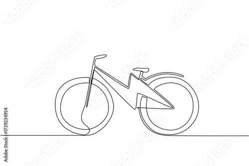 Single one line drawing lightning bolt in the middle of e bike frame. Electric technology to inspire cycling. Convenience for everyone. National E Bike Day. Continuous line design graphic illustration