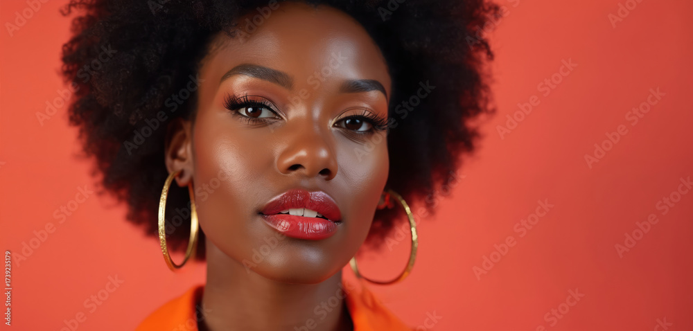 Fototapeta premium A beautiful Black woman with bright makeup poses in front of a red background. She has curly hair wearing golden hoop earrings. Portrait of an African American model