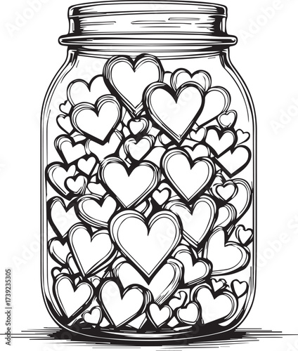 A mason jar filled with numerous hearts, a symbolic representation of love, affection, and care. This detailed, monochrome illustration is perfect for conveying sentiments of fondness, warmth.