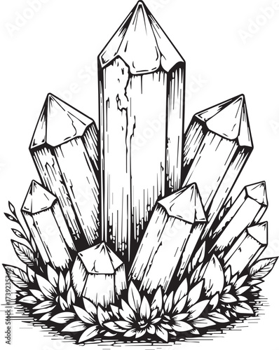 A meticulously detailed line art illustration showcases a cluster of crystalline structures, emanating natural beauty, accompanied by floral and foliar accents.