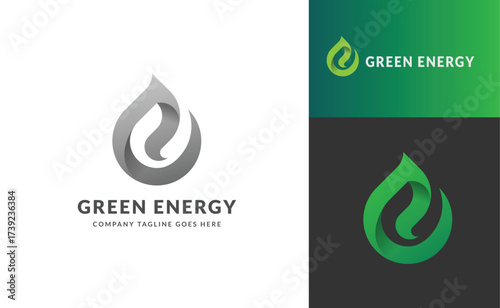 Abstract Green Energy Logo Design with Stylized letter E in Leaf Drop Shape.