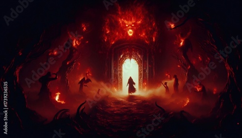 Hell Entrance with Dark Door in Red and Black, Flames and Horror Creatures, Infernal Portal Concept