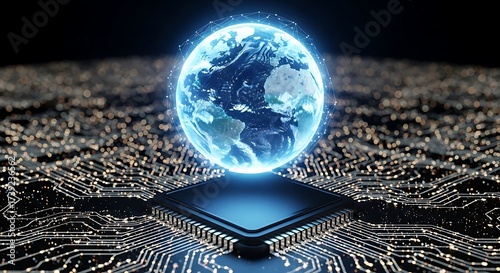 Fototapeta Naklejka Na Ścianę i Meble -  Ultra highresolution, professional studio photography of digital earth globe glowing on a futuristic computer processor chip with intricate circuit board patterns