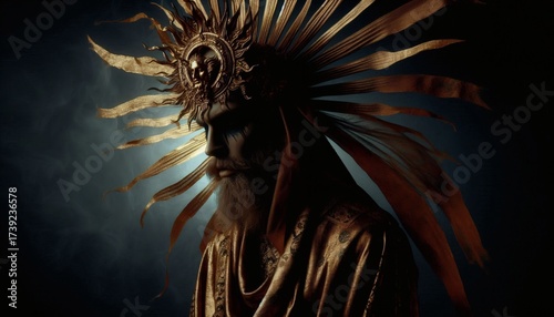 priest in Golden Cloak with Jeweled Crown, Dark Horror Scene for Magical Fantasy and Pagan Ritual Theme