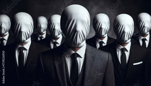 Group of Men in Suits with Faces Covered by White Cloth, No Identity person
