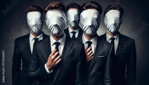Group of Men in Suits with Faces Covered by White Cloth, No Identity person