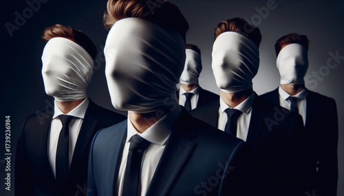 Group of Men in Suits with Faces Covered by White Cloth, No Identity person