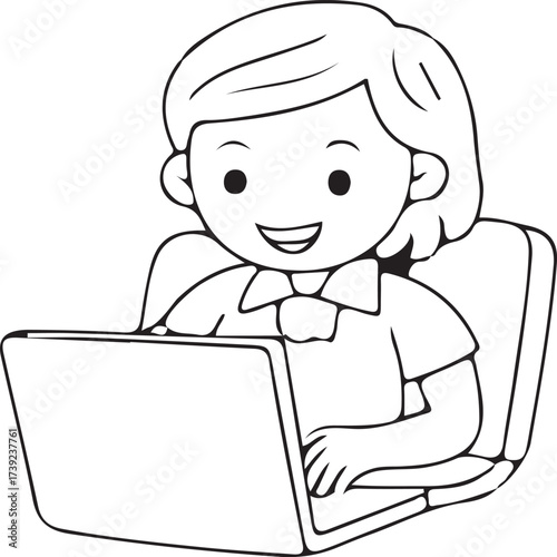 Young person happily using a laptop vector illustration in clean black and white style
