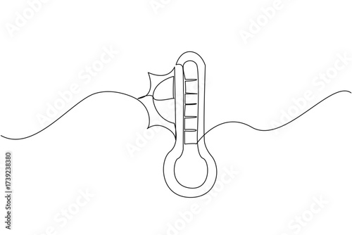 Single one line drawing thermometer with red pointer and half sun. Very high temperature warning. Global warming. Extreme. National Heat Awareness Day. Continuous line design graphic illustration