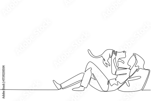Single one line drawing a woman in casual clothes lying down lifting and hugging cat. Play for a while with the beloved cat. International Hug Your Cat Day. Continuous line design graphic illustration