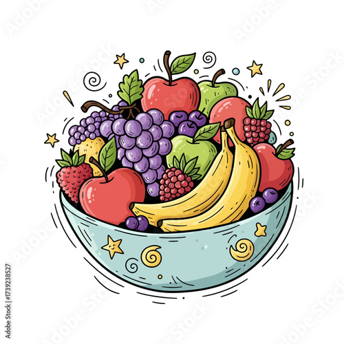 Fresh fruits and vegetables vector illustration set with organic apple, strawberry, cherry, orange, pear, and tomato icons for a healthy food juice design label