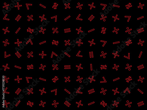 Repeating pattern of various mathematical or logical symbol in red against black background. The symbols include common arithmetic operators like plus, minus, multiplication, division, and equals.