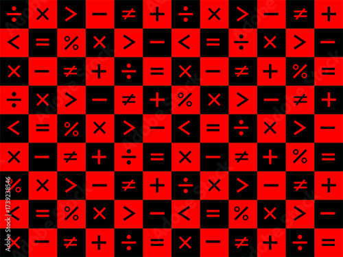 Checkerboard pattern composed of alternating black and red  squares, each containing a mathematical or logical symbol include addition, subtraction, multiplication, division, and equality.