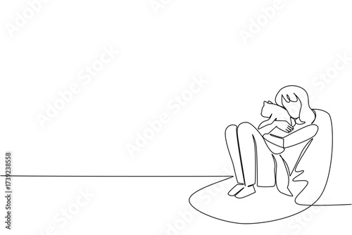 Single one line drawing a woman in casual clothes sits on a sofa on the floor hugging a cat. Playing in the family lounge. International Hug Your Cat Day. Continuous line design graphic illustration