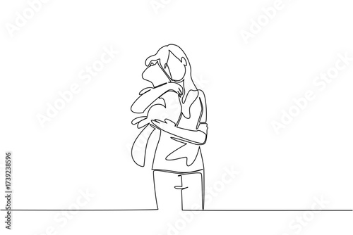 Single continuous line drawing a woman in casual clothes hugging a cat with both hands. Close friendship with obedient pets. Love. International Hug Your Cat Day. One line design vector illustration
