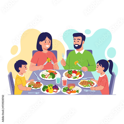 Happy family together smiling and eating pizza at the dinner table