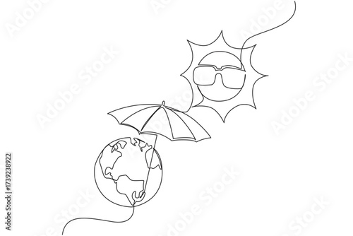 Continuous one line drawing the earth uses an umbrella and the sun uses glasses. Protect from very strong ultraviolet rays. National Heat Awareness Day. Single line draw design vector illustration