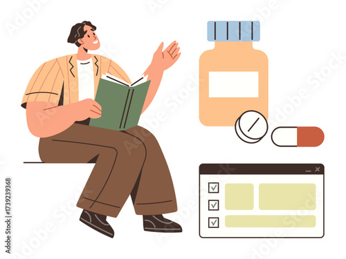 Person holding a book gestures thoughtfully near medication bottle, pills, and a checklist interface. Ideal for education, healthcare, wellness, patient care, medication management, learning