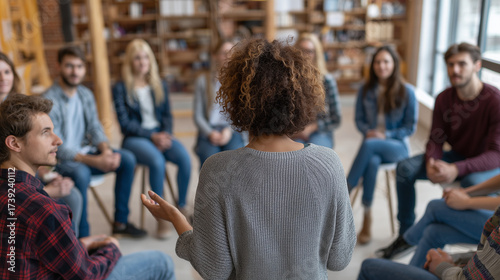 a diverse group of people sitting in a circle, having a discussion with a white woman leader at a business workshop or conference meeting.