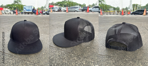 Set of a plain black trucker cap placed on outdoor pavement, photographed from front, side, and back angles. The hat features a mesh back and adjustable snap closure, presented as a blank template for