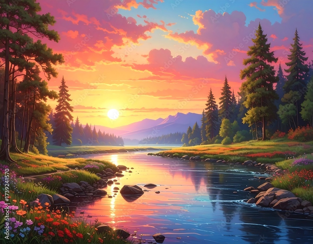 Fototapeta premium Stunning Sunset Landscape with River and Trees Painting: Peaceful Nature Scene