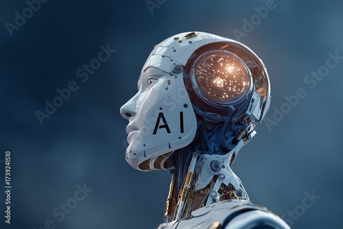 Futuristic close-up portrait of a humanoid robot with a human-like face and mechanical details, illuminated with glowing AI text, symbolizing artificial intelligence, technology, and cyber future
