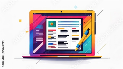 A brightly colored laptop displays a document with a pen overlay, hinting at writing or editing
