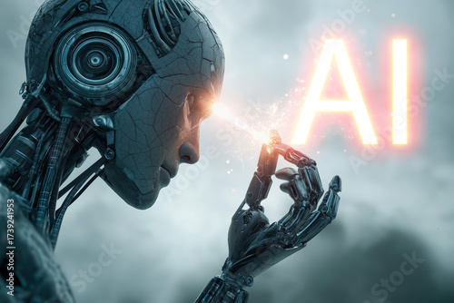 Futuristic close-up portrait of a humanoid robot with a human-like face and mechanical details, illuminated with glowing AI text, symbolizing artificial intelligence, technology, and cyber future