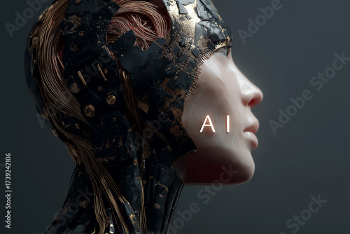 Futuristic close-up portrait of a humanoid robot with a human-like face and mechanical details, illuminated with glowing AI text, symbolizing artificial intelligence, technology, and cyber future