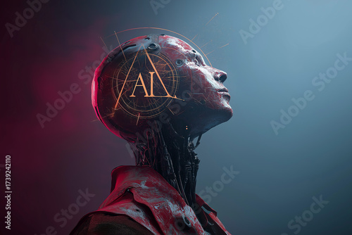 Futuristic close-up portrait of a humanoid robot with a human-like face and mechanical details, illuminated with glowing AI text, symbolizing artificial intelligence, technology, and cyber future