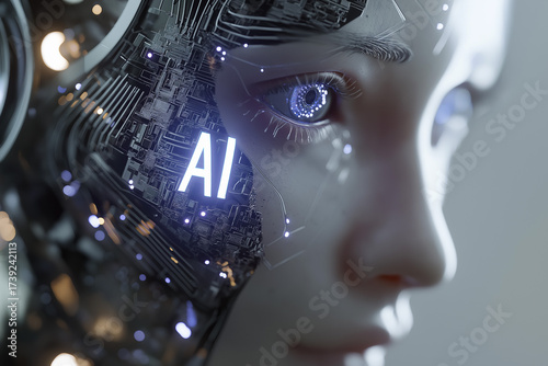 Futuristic close-up portrait of a humanoid robot with a human-like face and mechanical details, illuminated with glowing AI text, symbolizing artificial intelligence, technology, and cyber future