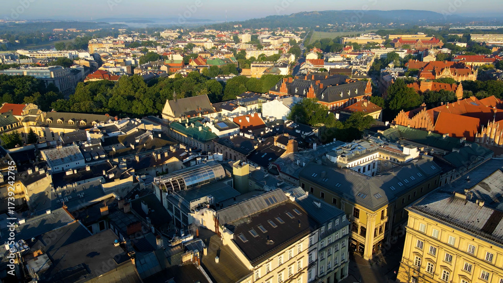 Naklejka premium Drone view of European city tourism old town Krakow Poland