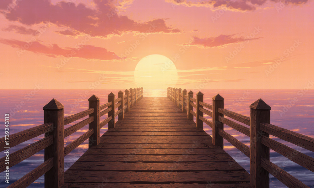 Obraz premium Wooden pier leading to a serene ocean sunset.