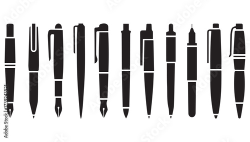 A row of black pen silhouettes displayed against a white background.