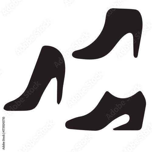 Three black high heel shoe silhouettes isolated on white background