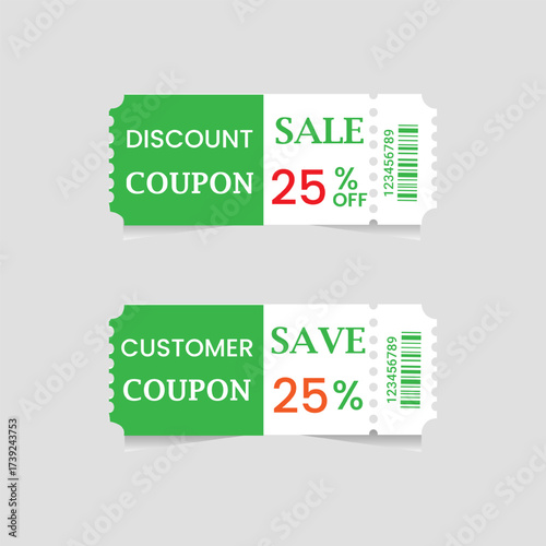 Discounts, customer coupons design, green, and white colors, vector illustration. Coupons are on websites, mobile apps, and print variants. They may be used in shopping, in markets, print variants. 