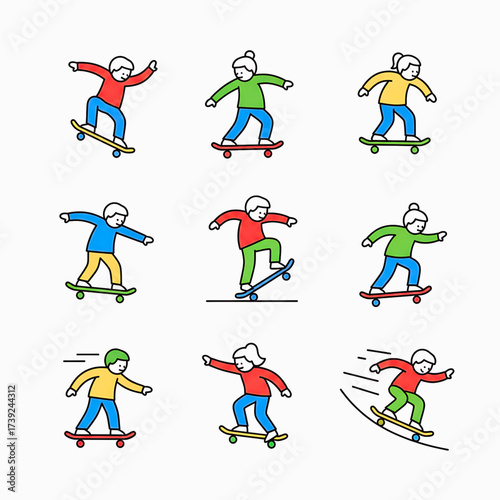 Collection of skateboard vector illustration showing people skating in flat style, colorful, minimal, perfect for sport, lifestyle, and sticker