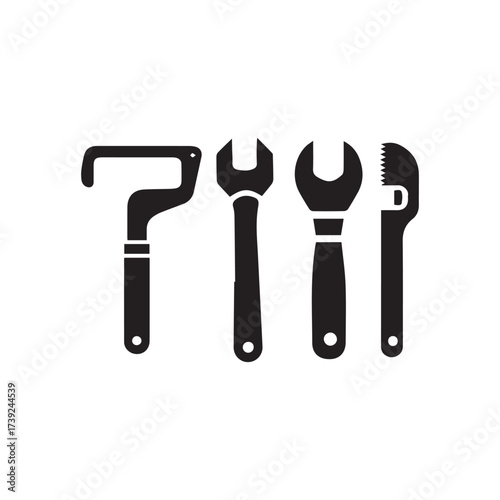 Set of four black wrenches isolated on white background