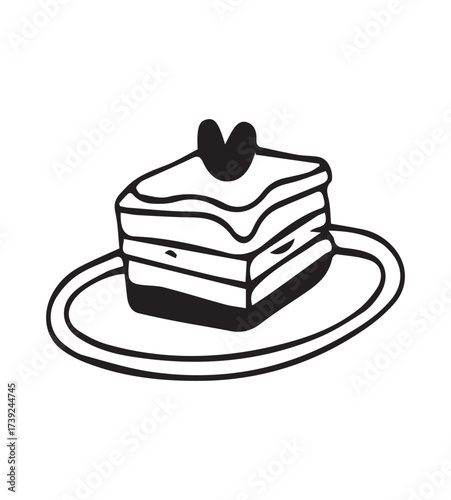 A hand-drawn illustration of a layered cake slice with a heart on top, presented on a plate against a white background.