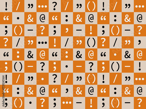 Checkerboard-style pattern composed of alternating orange and beige squares, each containing a different black punctuation mark or symbol, include exclamation points, question marks, and others