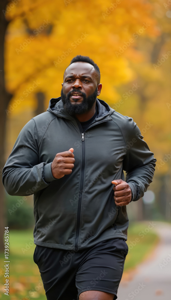 Obraz premium African American man jogging in autumn park. Overweight black man in sportswear runs on path. Man with beard and short hair doing cardio exercise outdoors.