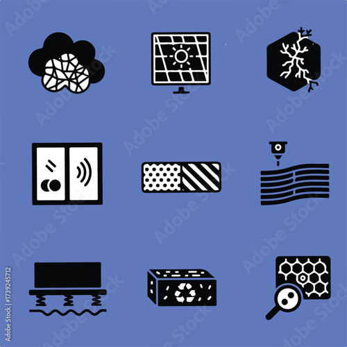 A set of symbols on a blue background displaying concepts like solar energy, honeycomb structures, recycling, and materials science.