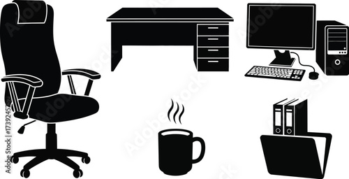 Vector art of office workplace with computer, desk, chair, and coffee
