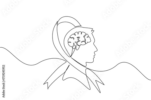 Continuous one line drawing campaign ribbon wraps around silhouette of head with brain inside the head. Suffering is ongoing. World Multiple Sclerosis Day. Single line draw design vector illustration